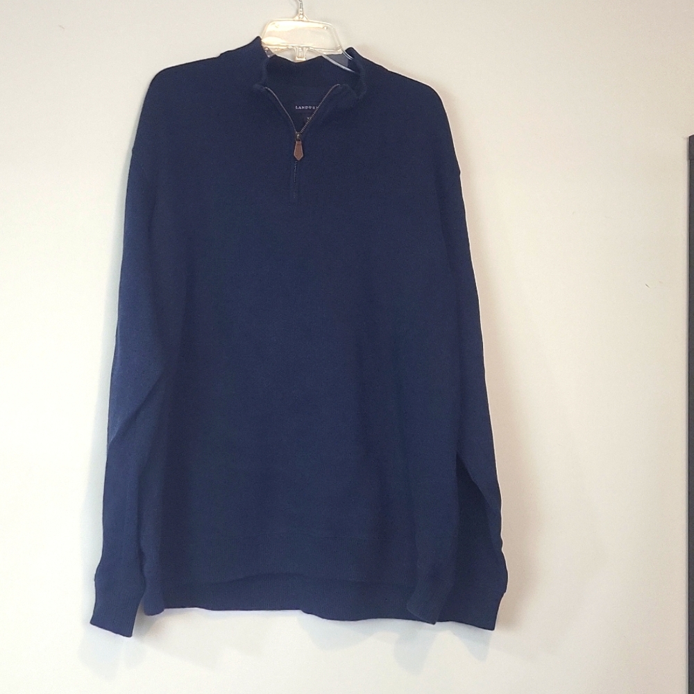 LAND'S END Blue Baumwolle 3/4 Zip Ribbed Cuff/Hem Elbow Pad Pullover Sweater